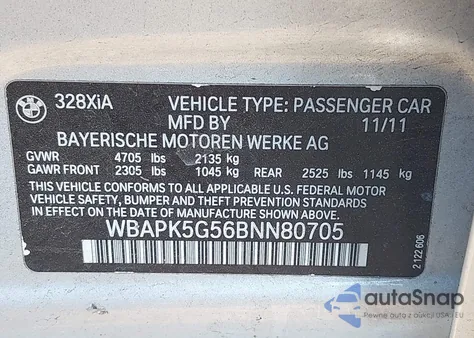 2011 BMW 328 xDrive from USA, damaged, VIN WBAPK5G56BNN80705